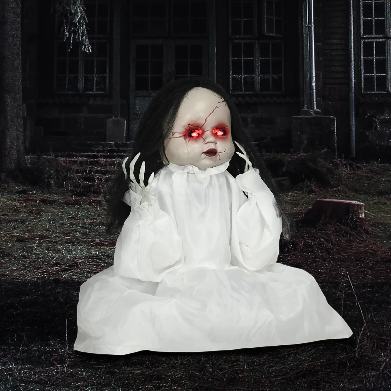 HOMCOM Halloween Dekoracja 60cm Skacząca Lalka Morderca z Czerwonymi Oczami, Dźwięk