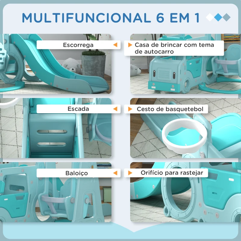 AIYAPLAY Conjunto de Escorrega e Baloiço para Crianças 6 em 1 com Buzina e Cesta de Basquetebol 201x151x87,5 cm Azul Claro