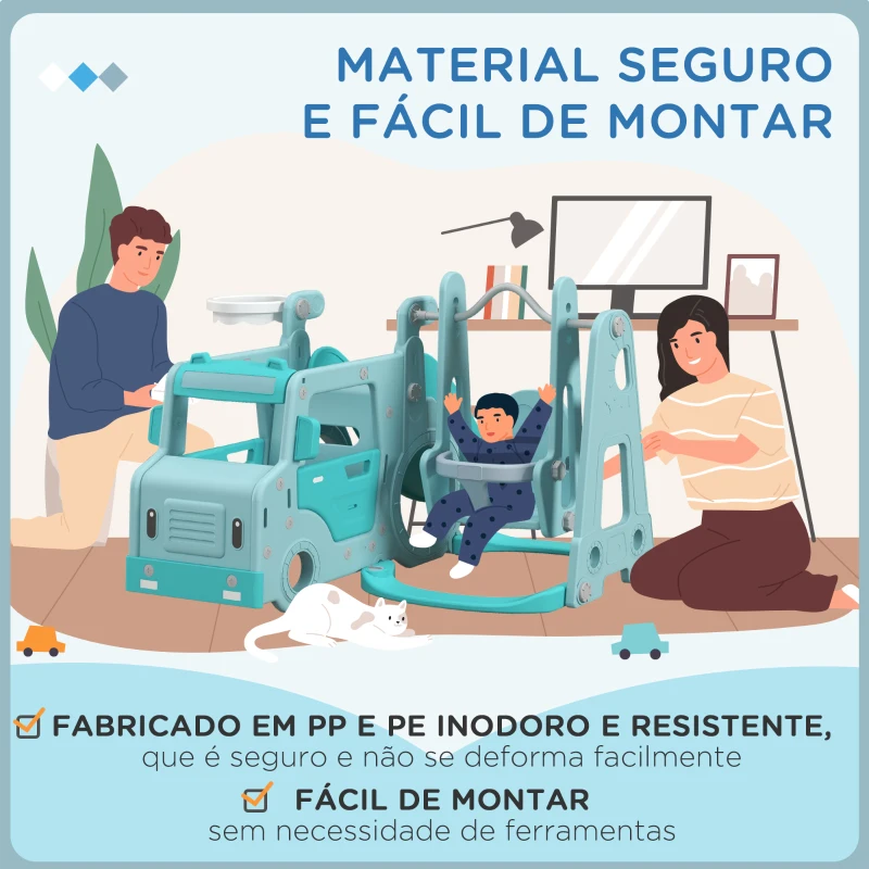 AIYAPLAY Conjunto de Escorrega e Baloiço para Crianças 6 em 1 com Buzina e Cesta de Basquetebol 201x151x87,5 cm Azul Claro