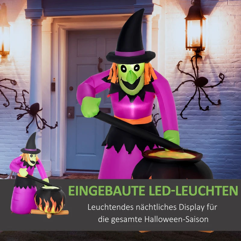 HOMCOM Helloween-Gartendeko Hexe mit Hexenkessel und Flammeneffekt, inkl. Gebläse, wetterfest, 115 x 108 x 182H cm