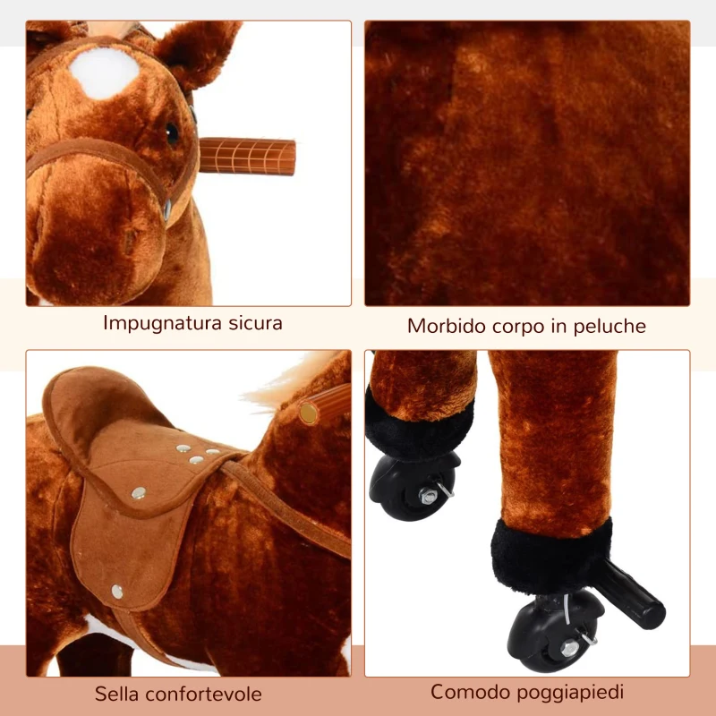 HOMCOM Cavallo a Dondolo per Bambini 2+ Anni con 4 Rotelle e Suoni Realistici, Dondolo per Bambini Imbottito con Poggiapiedi, 65x28x75 cm, Marrone