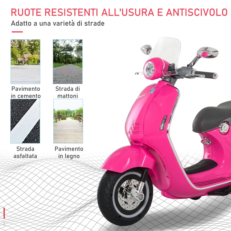 HOMCOM Moto Elettrica per Bambini con Licenza Ufficiale Vespa, 2 Rotelle, Luci e Suoni, 108x49x75 cm, Rosa