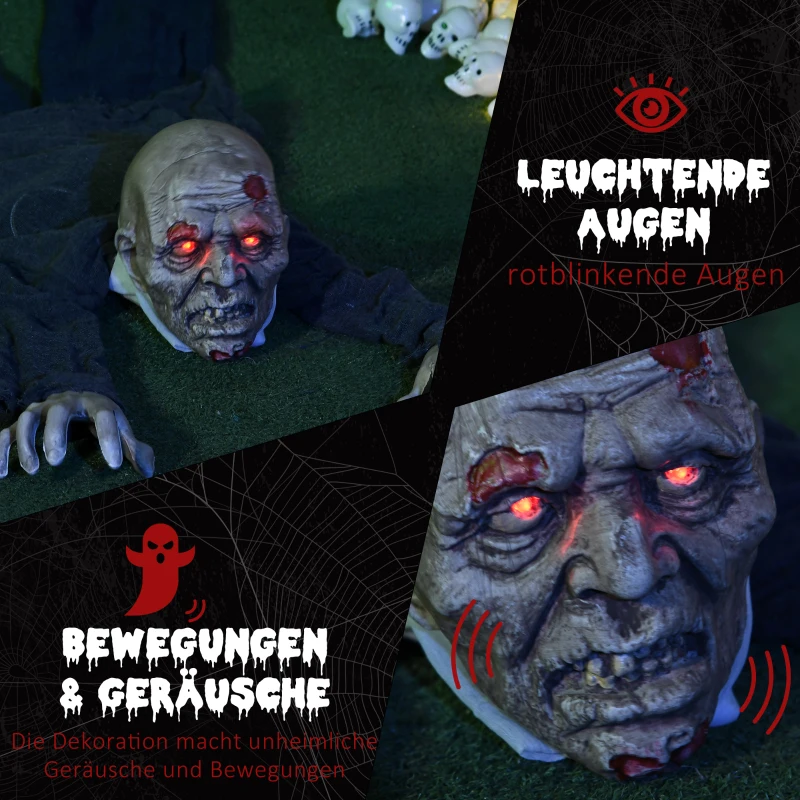 HOMCOM Dekoracja Halloween Zombie, LED Oczy, wydaje dźwięki i pełza, czujnik ruchu i dźwięku, zasilanie bateryjne, 159 cm