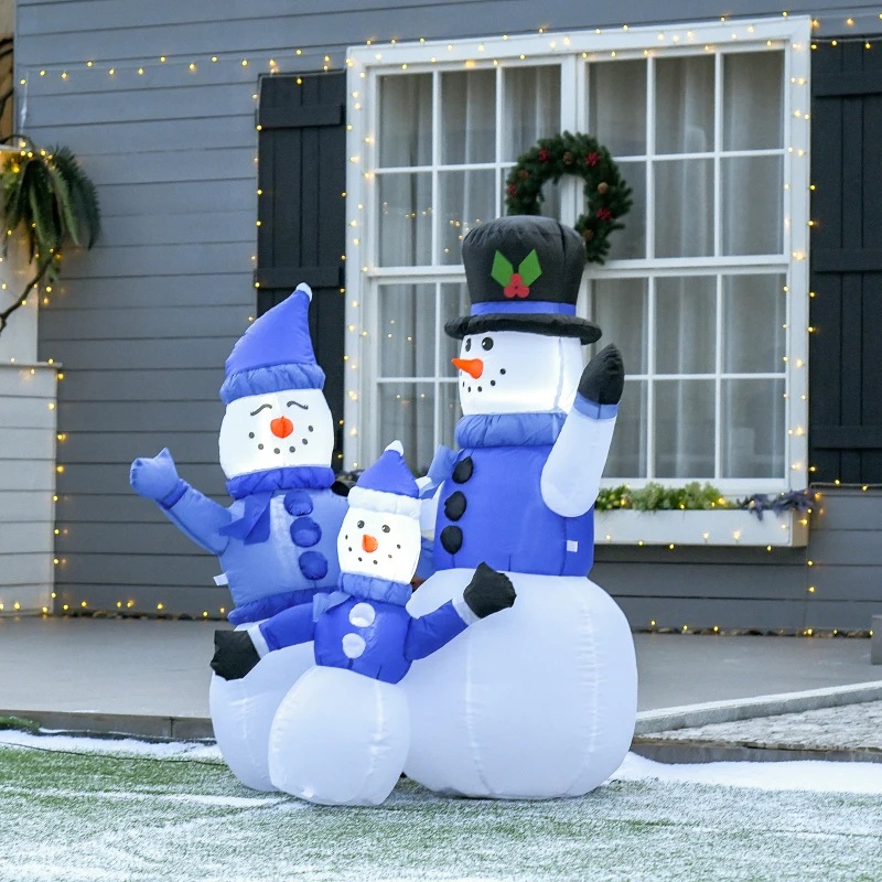 HOMCOM Sneeuwpop familie zelfopblaasbare decoratie led met ventilator blauw