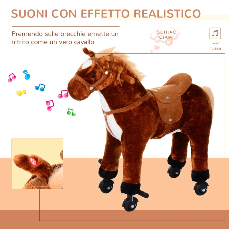 HOMCOM Cavallo a Dondolo per Bambini 2+ Anni con 4 Rotelle e Suoni Realistici, Dondolo per Bambini Imbottito con Poggiapiedi, 65x28x75 cm, Marrone