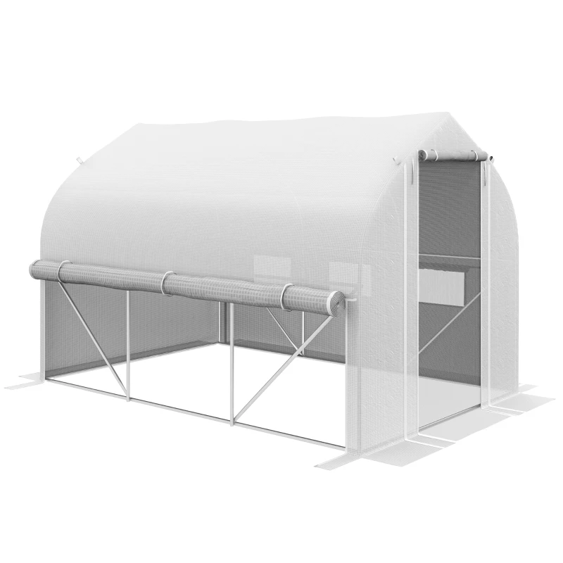 Outsunny 3 x 2(m) Walk-in Polytunnel Greenhouse, Zipped Roll Up Sidewalls, Mesh Door, 6 Mesh Windows, Tunnel Warm House Tent with PE Cover, Complimentary Plant Labels and Gloves, White