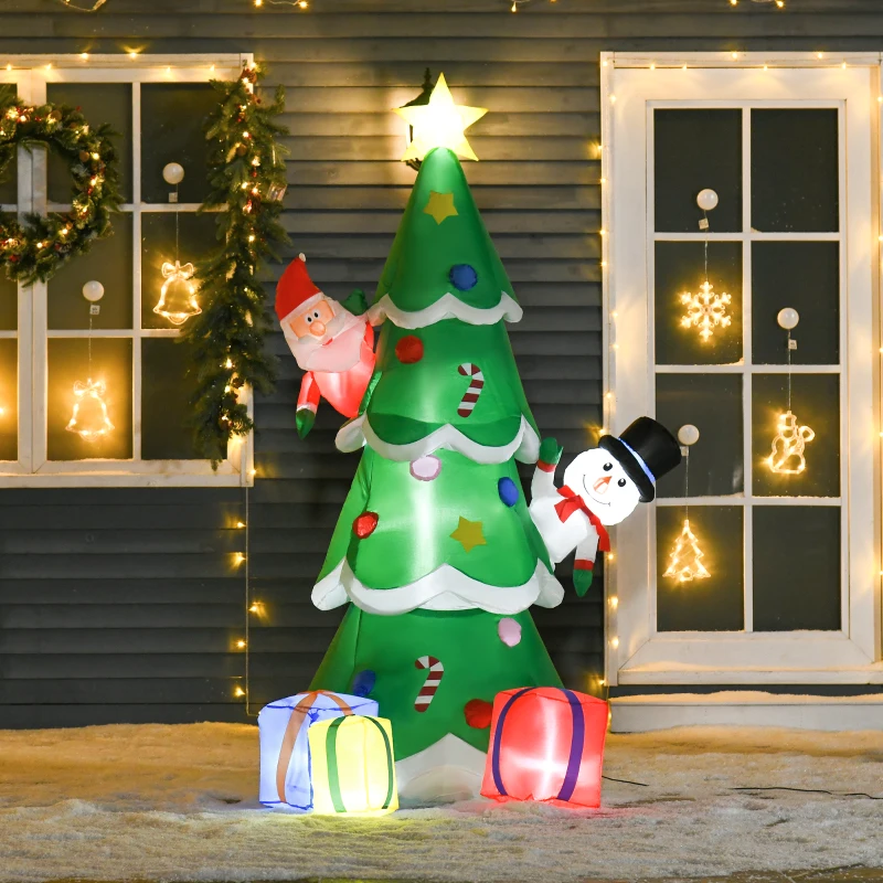 HOMCOM opblaasbare kerstboom met kerstman sneeuwpop en geschenkdoos 210 cm kerstverlichting LED zelfopblazend polyester groen 144 x 125 x 210 cm