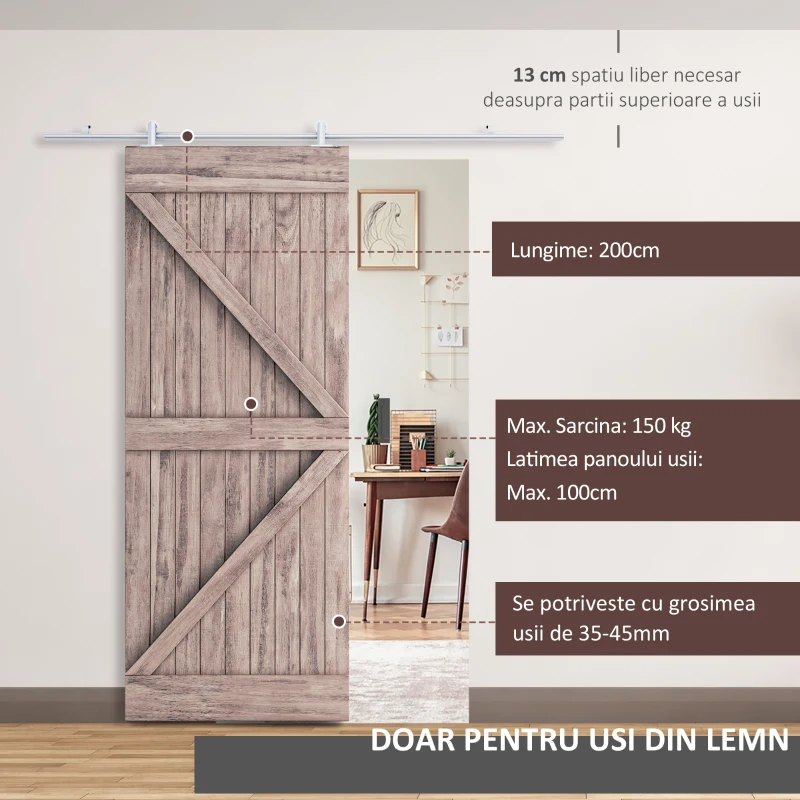 HOMCOM Kit asamblare usi glisante cu sina 200x3,15x2,5cm argintiu