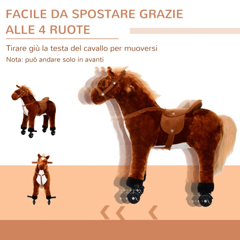 HOMCOM Cavallo a Dondolo per Bambini 2+ Anni con 4 Rotelle e Suoni Realistici, Dondolo per Bambini Imbottito con Poggiapiedi, 65x28x75 cm, Marrone