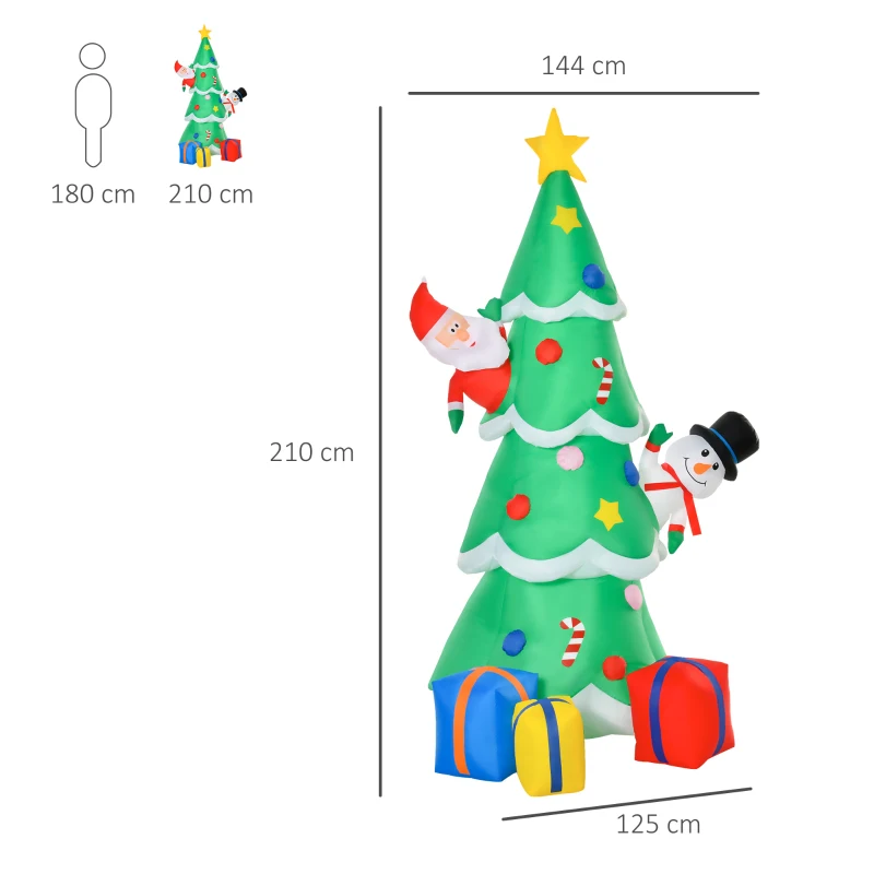 HOMCOM opblaasbare kerstboom met kerstman sneeuwpop en geschenkdoos 210 cm kerstverlichting LED zelfopblazend polyester groen 144 x 125 x 210 cm