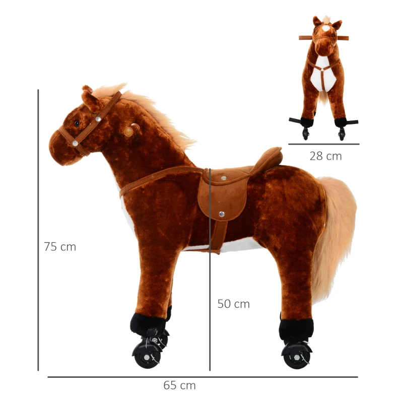 HOMCOM Cavallo a Dondolo per Bambini 2+ Anni con 4 Rotelle e Suoni Realistici, Dondolo per Bambini Imbottito con Poggiapiedi, 65x28x75 cm, Marrone