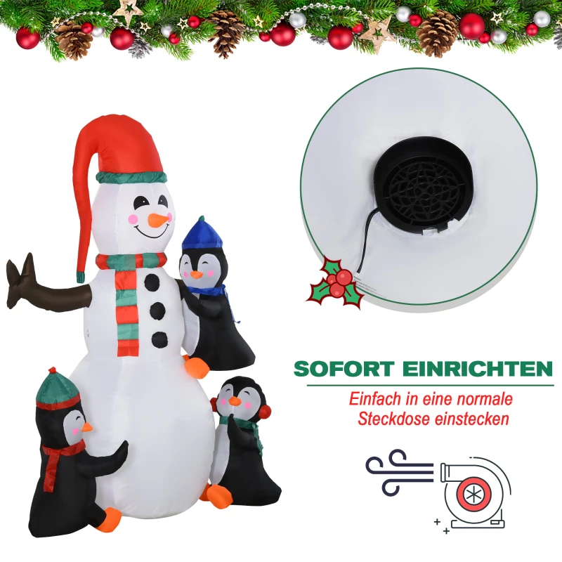 HOMCOM® BOŻE NARODZENIE DMUCHANY BAŁWAN Z 3 PINGWINAMI LED POLIESTER 140 x 70 180 CM