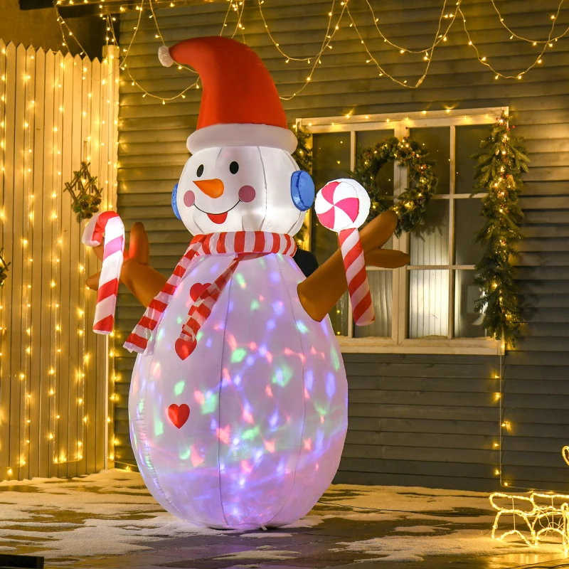 HOMCOM 2,4 m aufblasbarer Schneemann mit rotierender Beleuchtung Weihnachtsdeko  für den Innen- und Außenbereich Garten Rasendekoration Party Weiß+Rot 180 x 100 x 240 cm