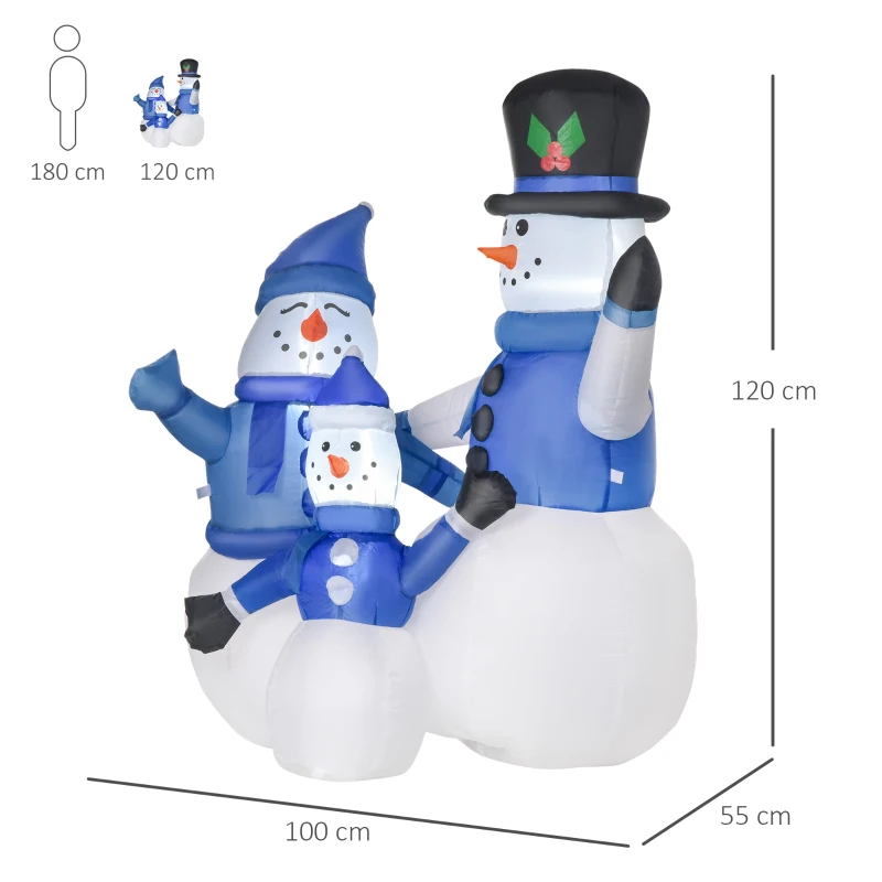 HOMCOM Sneeuwpop familie zelfopblaasbare decoratie led met ventilator blauw