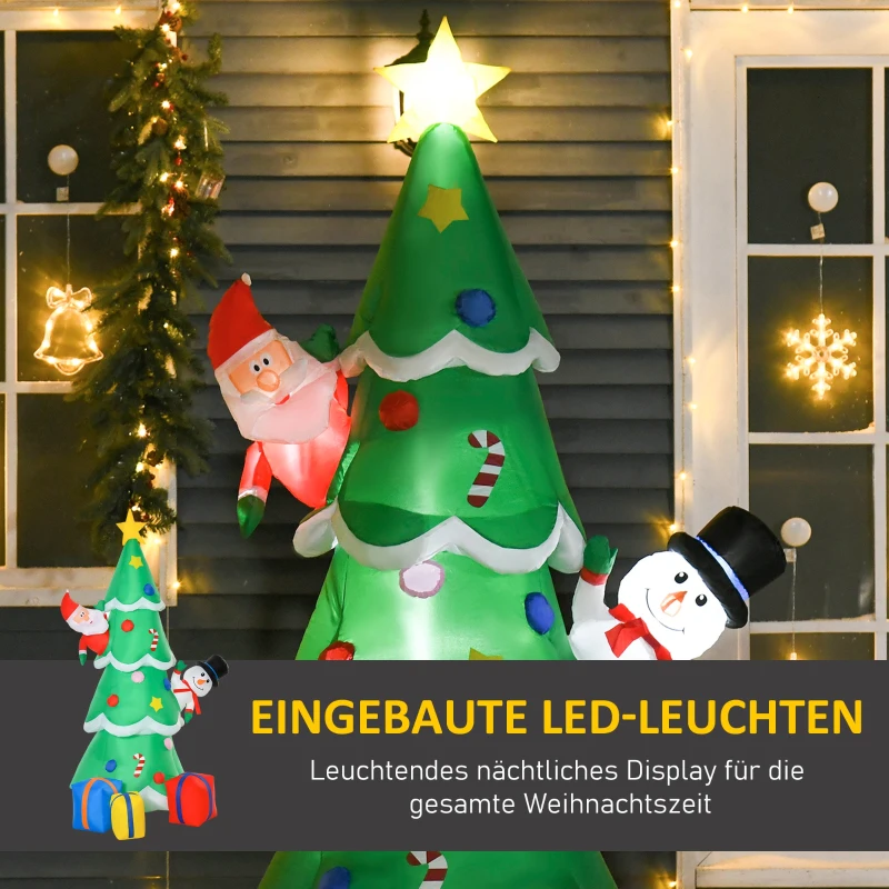 HOMCOM opblaasbare kerstboom met kerstman sneeuwpop en geschenkdoos 210 cm kerstverlichting LED zelfopblazend polyester groen 144 x 125 x 210 cm