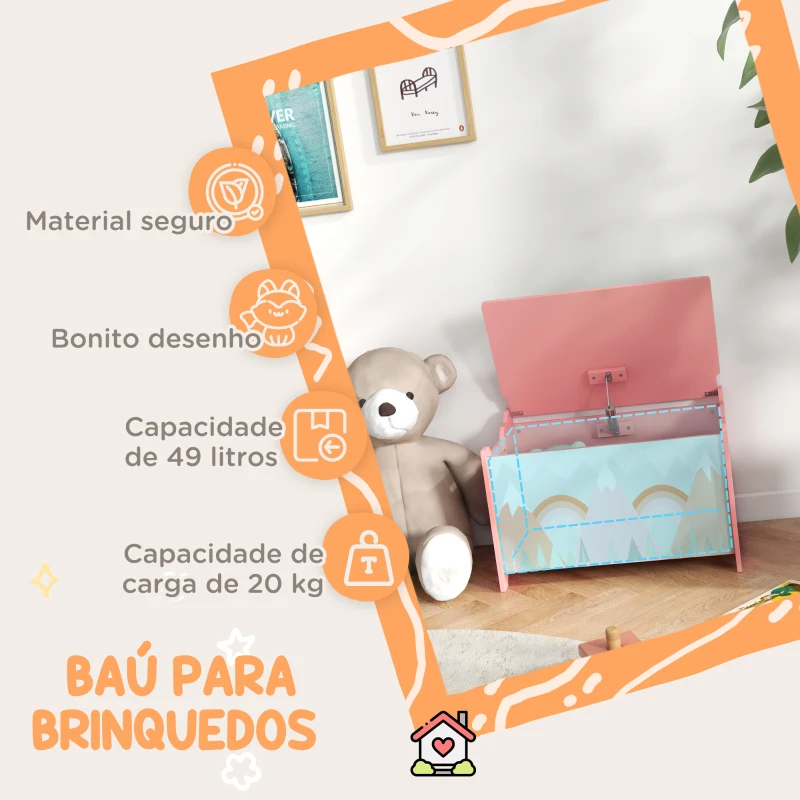 ZONEKIZ Baú de Brinquedos Organizador de Brinquedos para Crianças de 3 a 8 Anos com Estampado em Animaos 60x37x39 cm Rosa