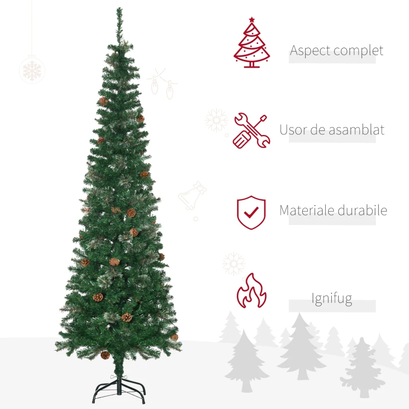 Pom de Craciun artificial subtire cu creion inalt de 165cm  HOMCOM cu ramuri realiste, 556 de varfuri si 27 de conuri de pin, brad cu ace de pin, decor de Craciun, verde