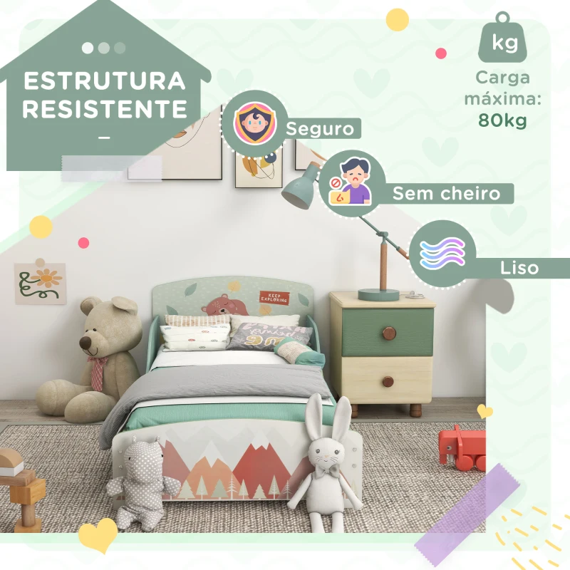 ZONEKIZ Cama para Crianças de Madeira com Barreira de Proteção e Estampados Carga Máx. 40 kg 77x143x60 cm Verde