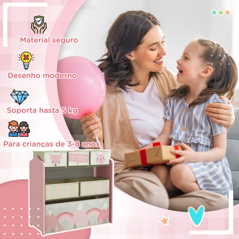 ZONEKIZ Estante para Brinquedos com 6 Caixas de Tecido não Tecido Amovíveis Organizador de Brinquedos 63x30x66 cm Rosa