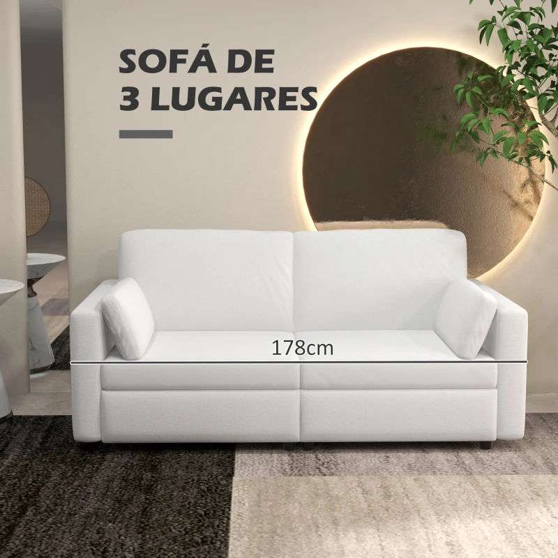 HOMCOM Sofá de 3 Lugares Sofá Sala de Estar Estofado em Poliéster com 2 Almofadas Acolchoadas 178x82x85 cm Creme