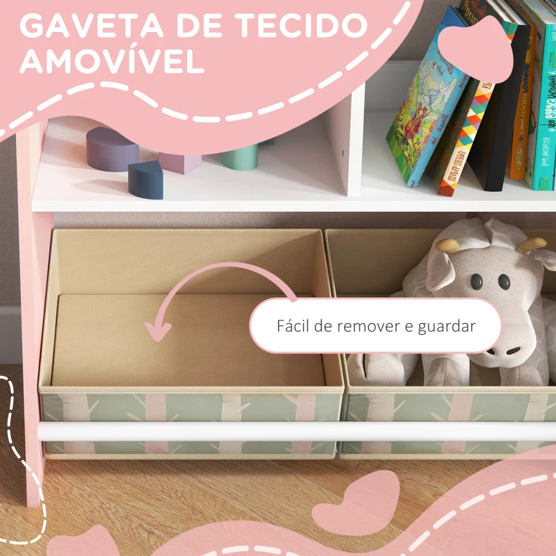 ZONEKIZ Estante para Brinquedos Organizador Infantil com Prateleiras Abertas e 2 Caixas de Tecido não Tecido Amovíveis 62,4x26,5x90 cm Rosa