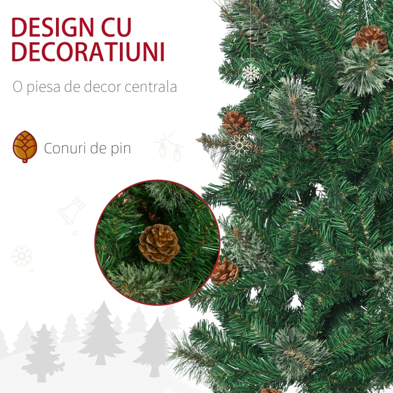 Pom de Craciun artificial subtire cu creion inalt de 165cm  HOMCOM cu ramuri realiste, 556 de varfuri si 27 de conuri de pin, brad cu ace de pin, decor de Craciun, verde