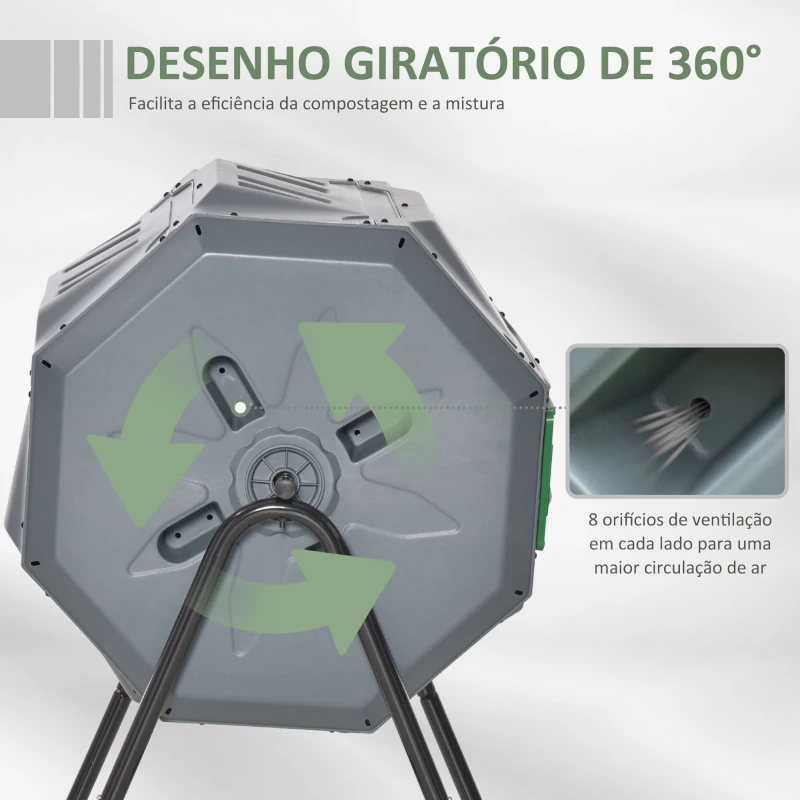 Outsunny Compostor de Tambor Giratório com Capacidade 160L de Dupla Câmara e Ventilação para Resíduos Orgânicos 71x65x96 cm Cinza e Verde