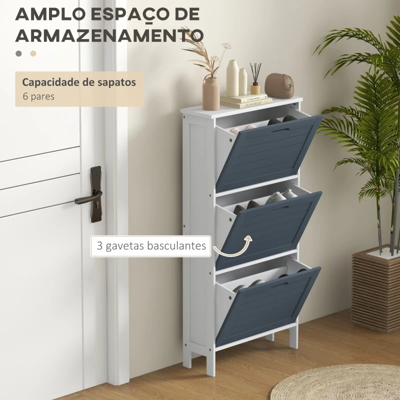 HOMCOM Sapateira Estreita Armário para Sapatos Alto com 3 Compartimentos para 6 Pares de Sapatos 53x18x108,5 cm Cinza e Branco