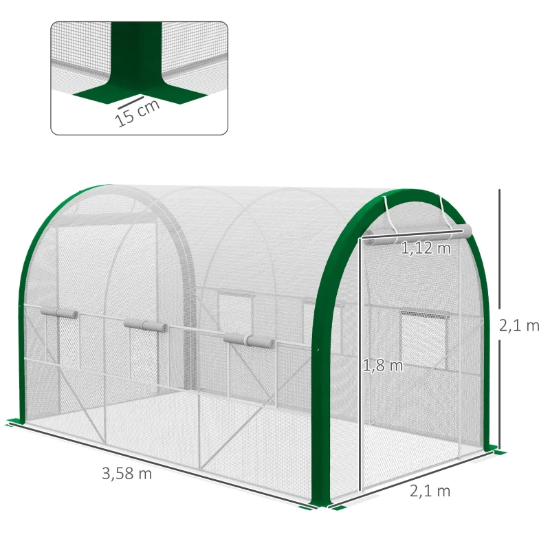 Outsunny Tunnel Greenhouse, Greenhouse, Zipper Doors, Mesh Windows, Metal Frame, 3.5 x 2 x 2m, White