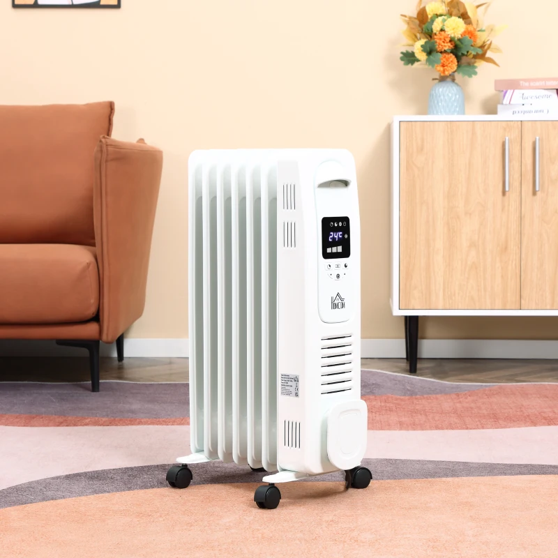HOMCOM 1500W Digital Oil Filled Radiator, 7 Fin, Portable Electric Heater with LED Display, Built-in Timer, 3 Heat Settings, Safety Cut-Off and Remote Control, White