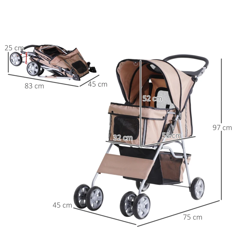 PawHut Pet Stroller for Small Miniature Dogs Cats Foldable Travel Carriage with Wheels Zipper Entry Cup Holder Storage Basket Brown