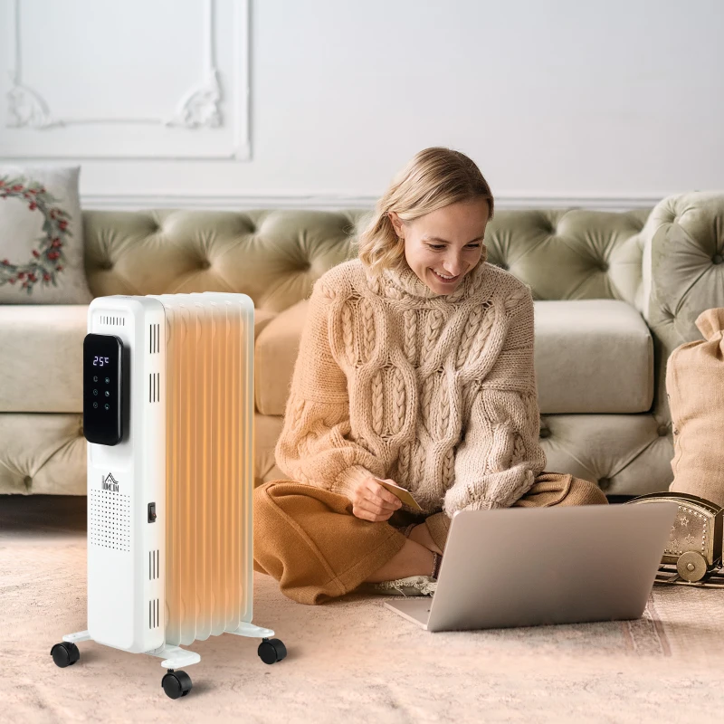 HOMCOM 1630W Oil Filled Radiator with 7 Fins, Portable Electric Heater with 24H Timer, 3 Power Settings, Safety Cut-off and Remote, White