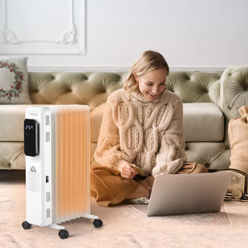 HOMCOM 2000W Oil Filled Radiator, 9 Fin Portable Electric Heater with LED Display, 24H Timer, 3 Heat Settings, Adjustable Thermostat, Safety Cut off, Remote Control, White