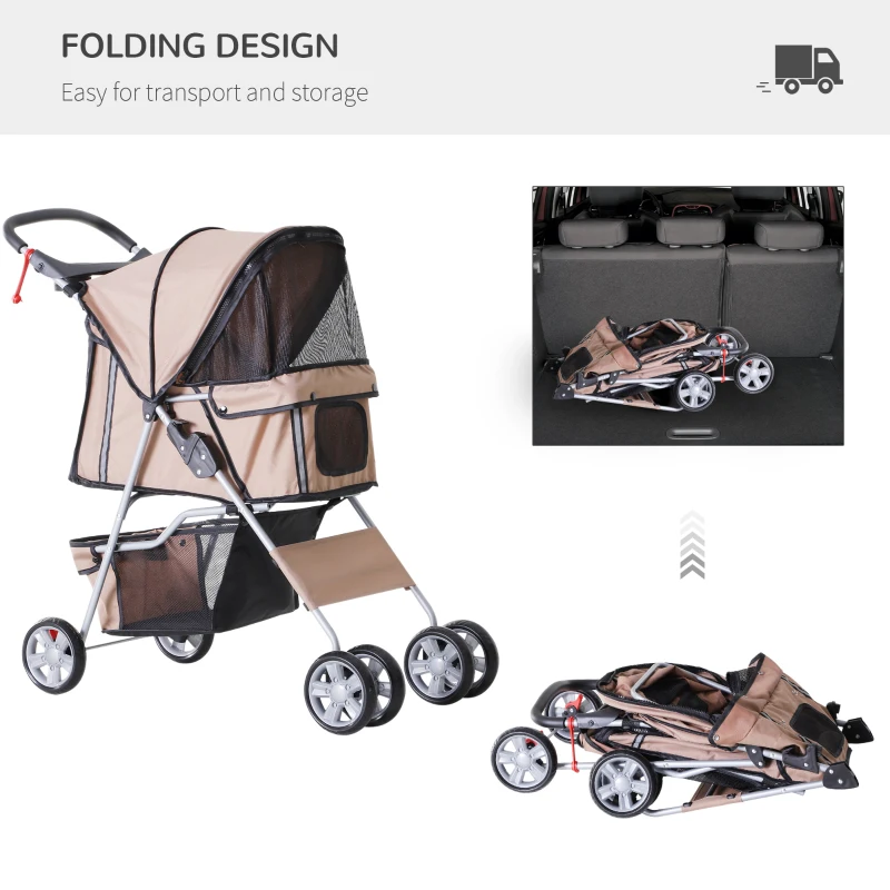 PawHut Pet Stroller for Small Miniature Dogs Cats Foldable Travel Carriage with Wheels Zipper Entry Cup Holder Storage Basket Brown