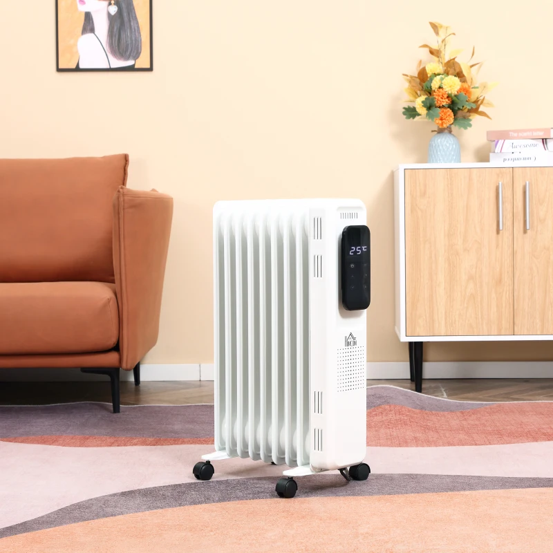 HOMCOM 2000W Oil Filled Radiator, 9 Fin Portable Electric Heater with LED Display, 24H Timer, 3 Heat Settings, Adjustable Thermostat, Safety Cut off, Remote Control, White