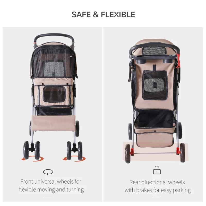 PawHut Pet Stroller for Small Miniature Dogs Cats Foldable Travel Carriage with Wheels Zipper Entry Cup Holder Storage Basket Brown