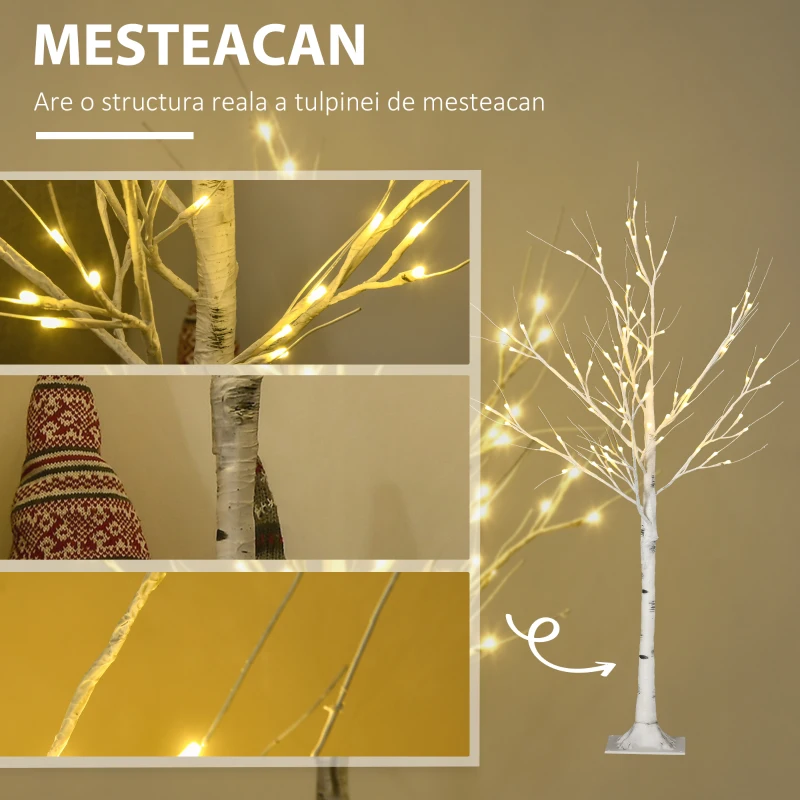 HOMCOM Copac de Craciun alb mic din PP si metal cu 72 de lumini LED pentru interior si exterior, 17x17x120 cm