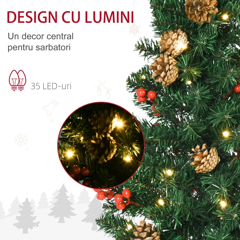HOMCOM Set de decoratiuni pentru Craciun set 4 piese, coroana de ghirlande si set de 2 copaci cu lumini LED albe calde, fructe de padure rosii, pini de pin, verde