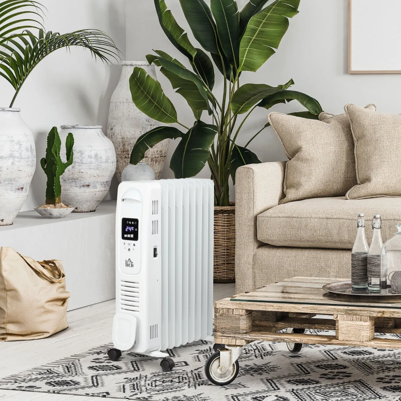 HOMCOM 2000W Digital Oil Filled Radiator, 9 Fin, Portable Electric Heater with LED Display, Timer, 3 Heat Settings, Safety Cut-Off and Remote Control, White