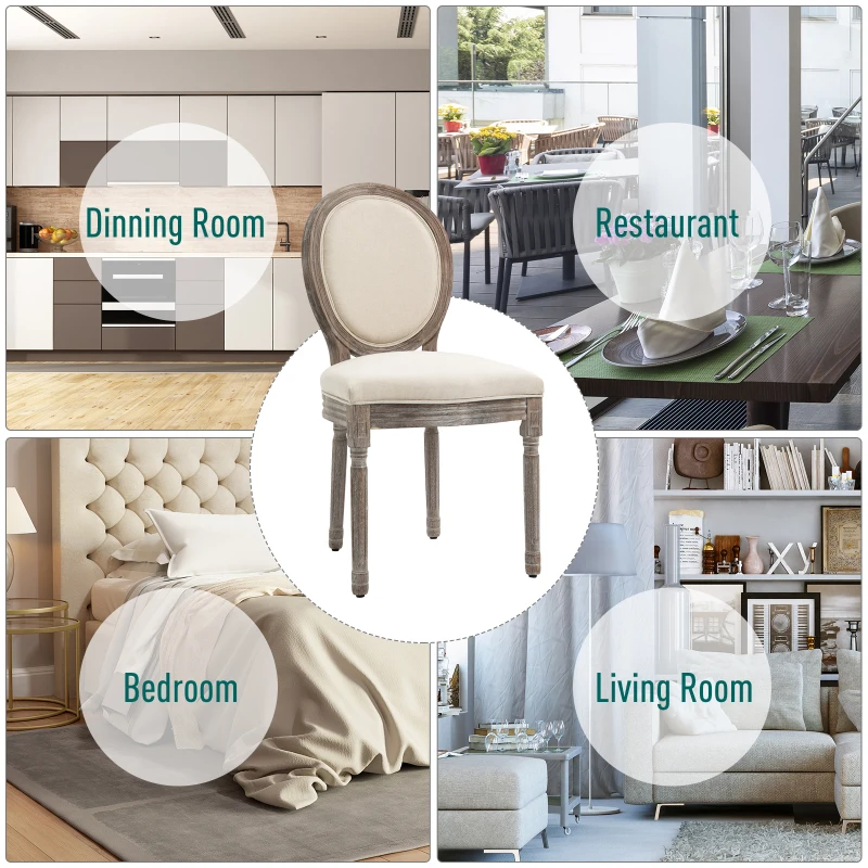 HOMCOM Dining Chairs Set of 2, French-Style Upholstered Kitchen Chairs with Padded Seats, Wood Frame and Round Back, Cream White