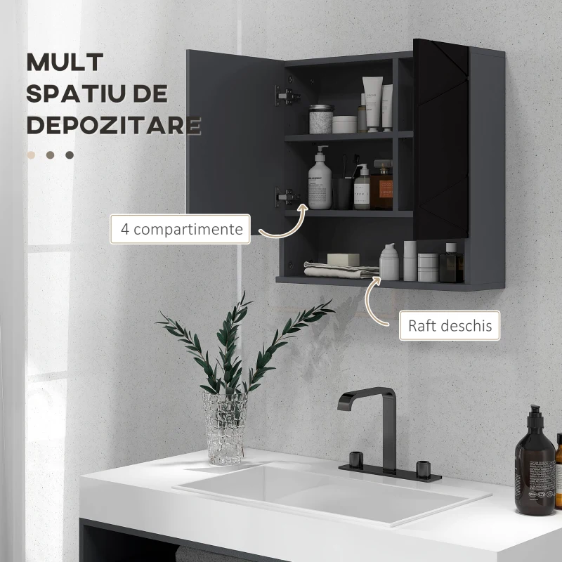 kleankin Dulap de baie oglinda usi oglinda de baie de perete rafturi reglabile cufa laterala toaleta acasa birou hol prosop manere dus colt baza inalta vopsit rezistent la apa