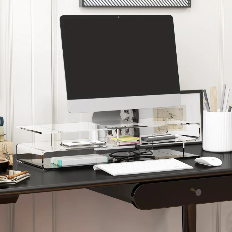HOMCOM Suport din Acril pentru Monitor cu Depozitare Tastatura Raft Organizator de Birou de Depozitare pe Niveluri