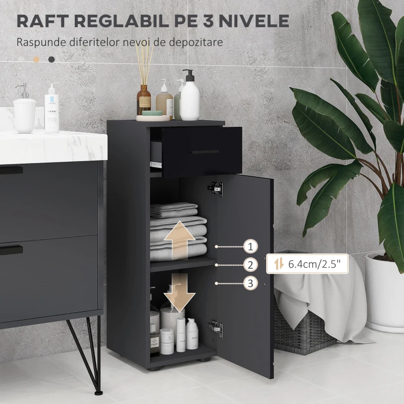Dulap de baie din PAL Kleankin cu sertar și dulap pe 2 nivele reglabile, 30x30x82 cm, de culoare negru și gri închis(m-5)