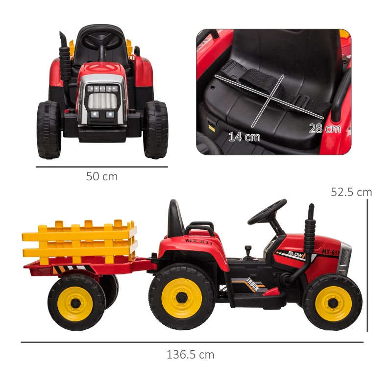 HOMCOM Tractor Electric Copii – 12 V cu Remorca, Muzica & Telecomanda(m-3)