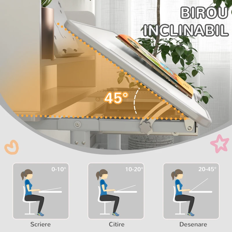 ZONEKIZ Set Birou si Scaun pentru Copii Reglabil in Inaltime Birou de Studiu pentru Copii pentru Scoala cu Sertar Raft pentru Carti Masa cu Unghi Reglabil Covoras