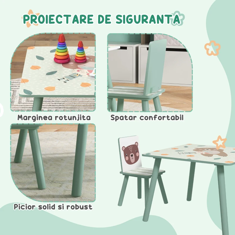 ZONEKIZ Set masa si scaun 3 piese pentru copii MDF lemn de pin desene animale verde distractie copii indemanare confortabil pentru copii model cu desene