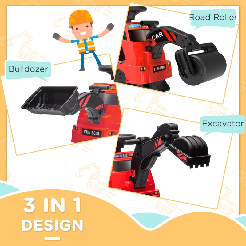 HOMCOM Tractor pentru Condus 3 in 1 Excavator Buldozer Masina de Intins Asfaltul pentru Condus Joc de Rol Camion de Contruit fara Alimentare cu Muzica