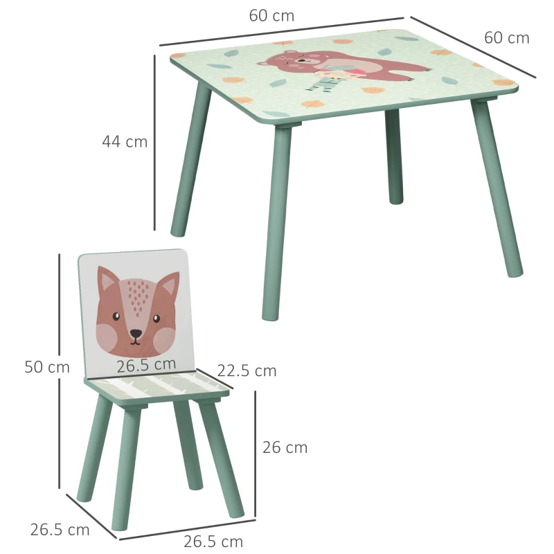 ZONEKIZ Set masa si scaun 3 piese pentru copii MDF lemn de pin desene animale verde distractie copii indemanare confortabil pentru copii model cu desene
