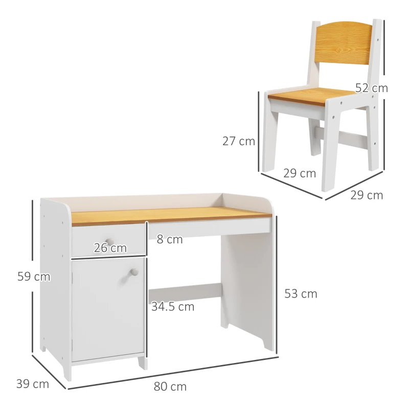 ZONEKIZ Masa de birou pentru copii cu scaun birou de scoala pentru copii din lemn sertar scaun asortat alb pentru scoala mobilier camera copilului birou pentru copii mici(m-3)