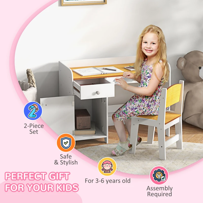 ZONEKIZ Masa de birou pentru copii cu scaun birou de scoala pentru copii din lemn sertar scaun asortat alb pentru scoala mobilier camera copilului birou pentru copii mici(m-6)